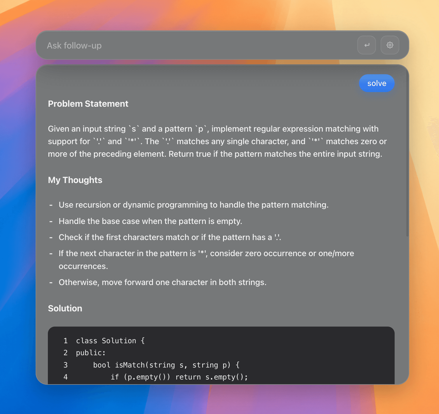 Landed overlay showing problem statement, thoughts, and solution from what’s on screen